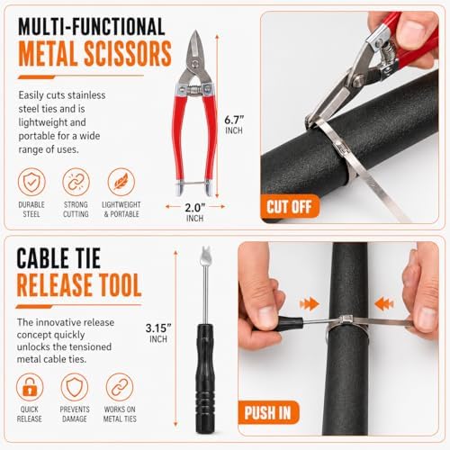 350Pcs Metal Zip Ties Gun Kit, Silver 8/12/16in Stainless Steel Zip Ties, Heavy Duty Cable Tie Fastening Cutting Tool Set with Organizer, Gloves, Storage Bag for Fence, Exhaust Wrap - Image 5