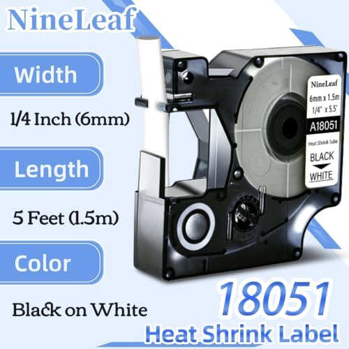 NineLeaf 8 Pack Compatible Labels Tape Replacement for Dymo 18051 1/4 inch Black on White Heat Shrink Tube Labels 6mm x 1.5m for Wires and Cables Use in Rhino 4200 5200 5000 6000 3M Label Maker - Image 2