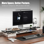 FENSULN Dual‑Tier Monitor Stand for Modern Desk Setup – Minimalist Wooden and Metal Riser Shelf with Transparent Acrylic Feet for Dual Monitors, Laptops, Home Office Aesthetic，Black and White - Image 3