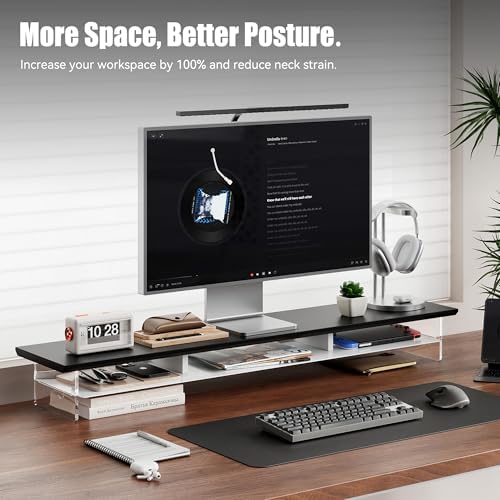 FENSULN Dual‑Tier Monitor Stand for Modern Desk Setup – Minimalist Wooden and Metal Riser Shelf with Transparent Acrylic Feet for Dual Monitors, Laptops, Home Office Aesthetic，Black and White - Image 3