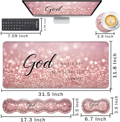Keyboard Wrist Rest and Mouse Pad with Wrist Support Set Ergonomic Coaster,Memory Foam,Easy Typing Pain Relief,Large XL Desk Mat 31.5"x 11.8",Rose Gold Glitter Quote Bible Verse Psalm 46-5 - Image 2