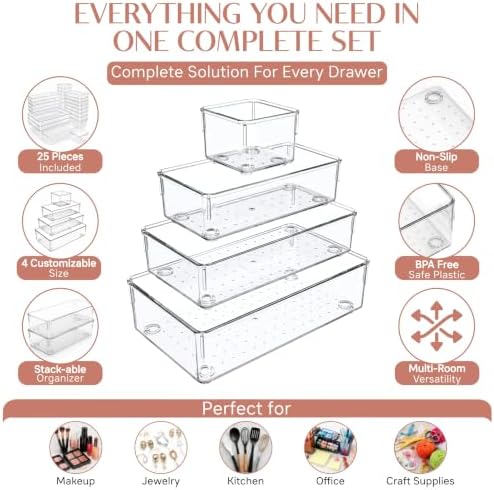 ZANORA 25 PCS Clear Plastic Drawer Organizer Set, Drawer Dividers Organizers with 4 Sizes Storage Trays, Bathroom Drawer Organizers Makeup, Vanity Drawer Organizer, Desk & Kitchen Storage Bins - Image 6