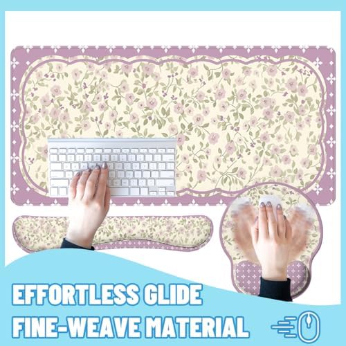 Floral Desk Mat Set Pink Vintage Aesthetic Large Mouse Pad with Wrist Rest 4in1 Desk Mat for Desktop Ergonomic Keyboard Wrist Support Anti-Slip Computer Ergonomic Mouse Pad Home Office Gaming - Image 4