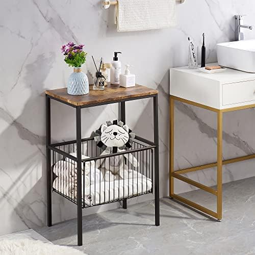 VECELO 31" H Tall Side End Table,2-Tier Shelf Storage Organizer with Versatile Metal Basket for Entryway/Living Room/Kitchen/Laundry/Bathroom,Industrial Metal Frame, Brown - Image 4