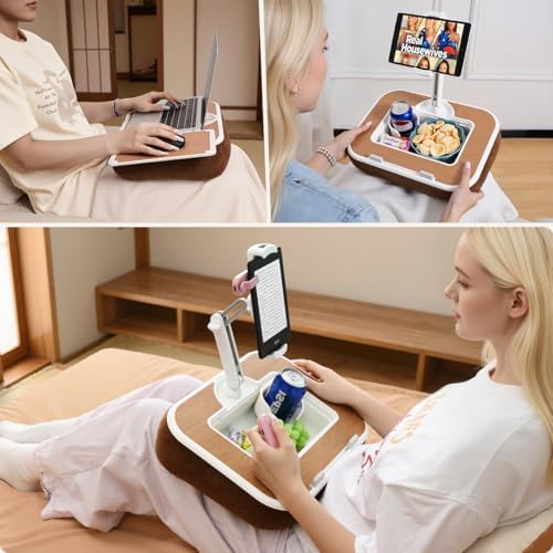 Tablet Pillow Stand with Snack Bowl, 360° Rotating Laptop Lap Desk for 4.7-13" Kindle/Tablet/Phone, 11-15" Laptop, Pillow Kindle Holder for Hands-Free Reading in Bed, Couch,Floor -Brown - Image 2