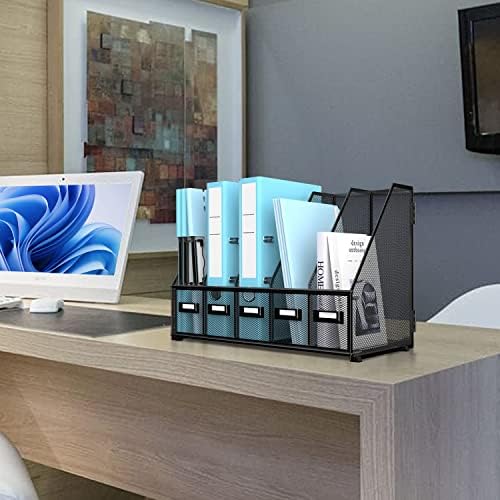 SUPEASY Desk Organizers Metal Desk Magazine File Holder with 16''x12''x12'' 5 Vertical Compartments Rack File Organizer for Office Desktop, Classroom, Home Workspace, Black Plus - Image 6