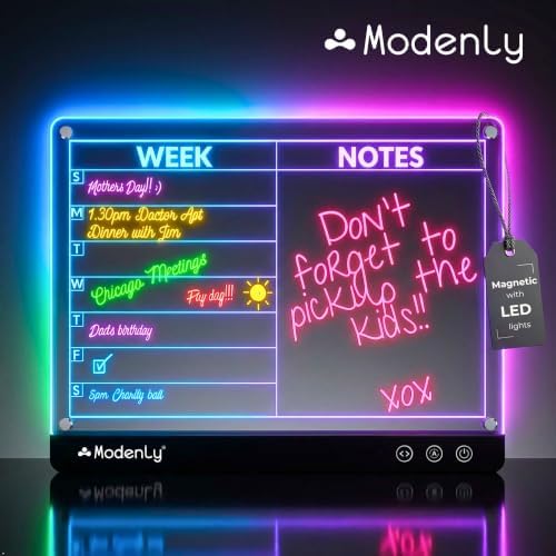 Magnetic LED Weekly Planner - Rechargeable Dry-Erase Whiteboard, 14x10 Acrylic Calendar with 7 LED Colors & 5 Light Modes for Fridge, Desk or Office - Image 2