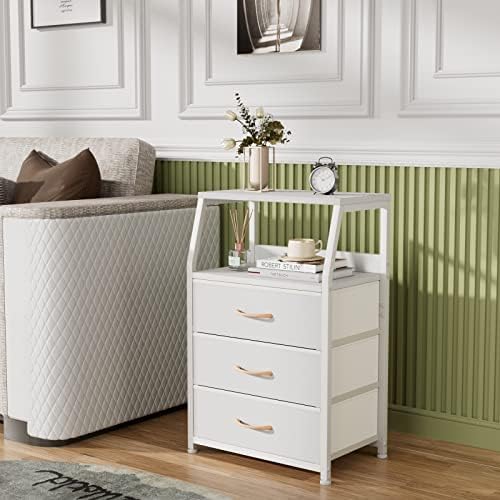 Furnulem White Night Stand with 3 Fabric Drawers, Small Bedside Table - Image 6