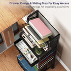 SWTYMIKI 10-Tier Rolling File Cart - Mesh Paper Organizer with Drawer and Hanging File Folders on Lockable Wheels, Rolling File Cabinet for Office Organization, Storage in Home, Studio, School, Black - Image 3