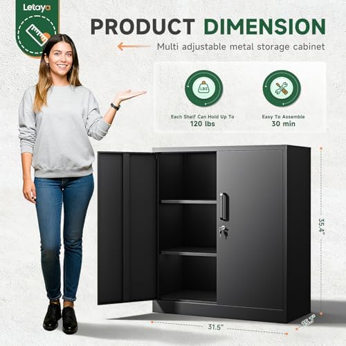 Letaya Metal Storage Cabinets with Lock, Small Locker Steel Cabinets, Adjustable Shelves 2 Doors for Home,Office, Warehouse,Garage(Black-36) - Image 3