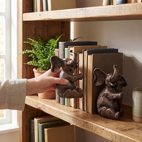 Elephant Bookends - Heavy Duty Bookends for Shelves Decorative - Gold Elephant Decor and Resin Animal Bookend - Heavy Book Ends for Kids - Vintage Unique Decorative Book Ends - 4 x 4 x 7 Inches - Image 3
