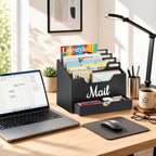 Rustic Wood Mail Organizer Countertop with Drawer, 4-Slot Removable Divider Mail Sorter, Black Desktop Mail Holder, Multi-Functional Bill File Stationary Organizer for Home Office Classroom - Image 2