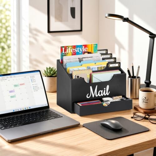 Rustic Wood Mail Organizer Countertop with Drawer, 4-Slot Removable Divider Mail Sorter, Black Desktop Mail Holder, Multi-Functional Bill File Stationary Organizer for Home Office Classroom - Image 2