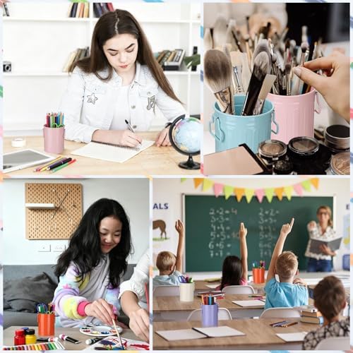 8 Pack Metal Pen Holder Colorful Pencil Bucket with Handle Pencil Holders Desktop Pencil Cups Round Makeup Brush Storage Organizers Crayon Organizer for Desk Office Classroom Home School - Image 7