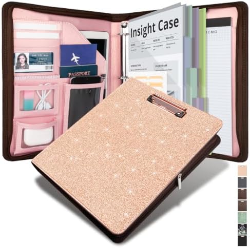 Leather Padfolio Portfolio with Clipboard Storage, Removable 3 Ring Binder 1 Inch Zipper Binder, Document Organizer for Women Men with Notepad, 5 Pocket Dividers, Pen Holder, Rose Gold by KLLVE