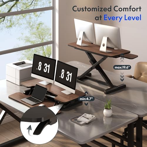 FLEXISPOT Standing Desk Converter 42" Premium Large Desk Riser for Triple Monitor, Spacious Desktop Sit Stand Workstation with Ergonomic Height Adjustment, Modern Stand Up Desk Riser, Walnut - Image 5