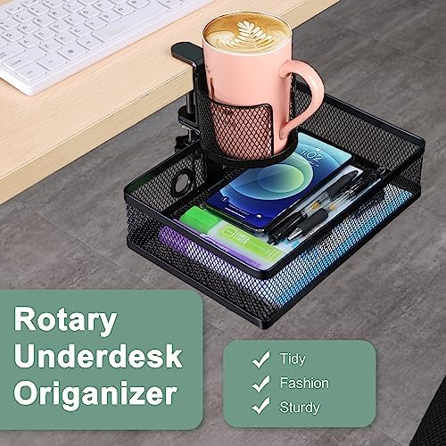 ROSYLINE Rotary Under Desk Storage Organizer with Cup Holder & Drawer Tray - Image 2