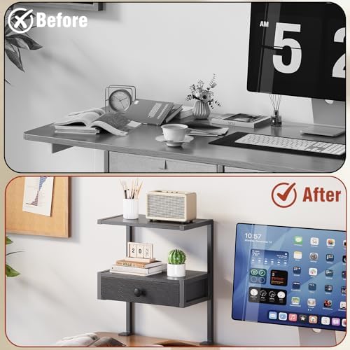 VENNQD Clamp On Desk Shelf, 2-Tier Desktop Organizer, Wood Desktop Supplies Tabletop Book Storage Rack with Adjustable Shelves for Table Working and Gaming Accessories, Black - Image 3