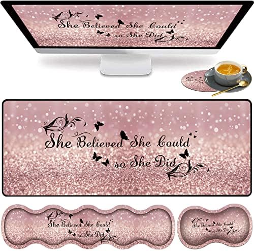 Large Gaming Mouse Pad, Keyboard Wrist Rest pad + Mouse Wrist pad + Coaster Set Extended Waterproof Non-Slip Table mat Suitable for Home Office Learning Games - She Believed She Could So She Did by HTTYYTRYT
