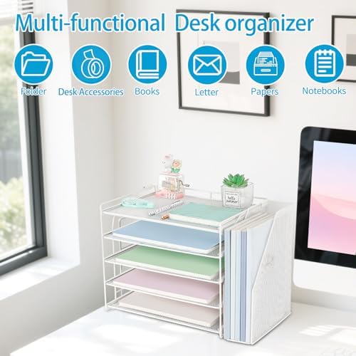 AUPSEN Desk Organizers and Accessories, 5-Tier Desktop Paper File Organizer with Removable File Holder, Desk Accessories & Workspace Organization for Home Office Supplies (White) - Image 6