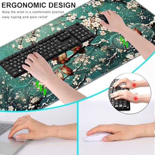 Keyboard Wrist Rest and Mouse Pad with Wrist Support Set Ergonomic Coaster,Memory Foam,Easy Typing Pain Relief,Large XL Desk Mat 31.5"x 11.8",Two Owls on Blossom Branch - Image 6