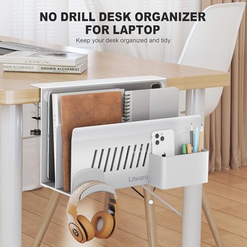 Litwaro Desk Side Storage Organizer, 2 Tier Under Desk Laptop Holder No Drill, Laptop Mount with Magnetic Pen Holder, Hanging Desk Organizer Fits Flat Edge Desks 0.4" to 2.1" (White) - Image 6