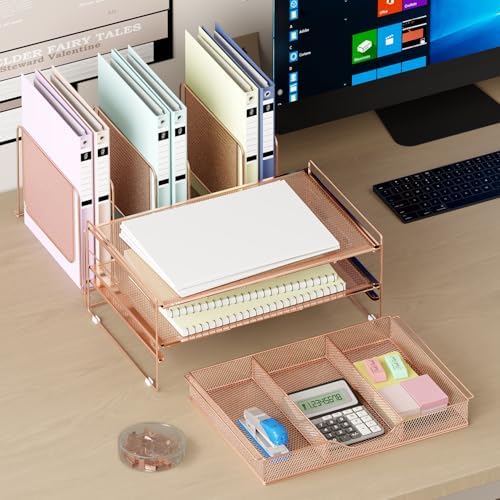 LEKETREE Rose Gold Desk Organizer, Office Organization with Vertical File Holder, File Organizer with Drawer and Office Supplies, Desk Accessories and Workspace Organizers (Rose Gold) - Image 3
