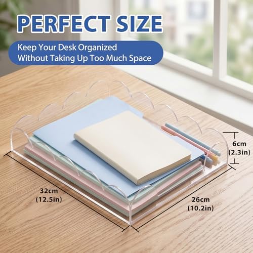 Domensi 2 Pack Scalloped Acrylic Paper Letter Tray, Clear Paper Organizers for Desk, Stackable Aesthetic A4 File Holder Sorter for Home Office Document Mail, Desktop Decor and Accessories Organizer - Image 3
