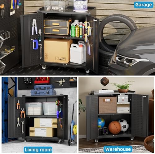 Aobabo 31.5" H Garage Storage Cabinet with Wheels,Lockable Metal Storage Cabinet with 2 Doors for Garage Home Office Storage,Black,Assembly Required - Image 4