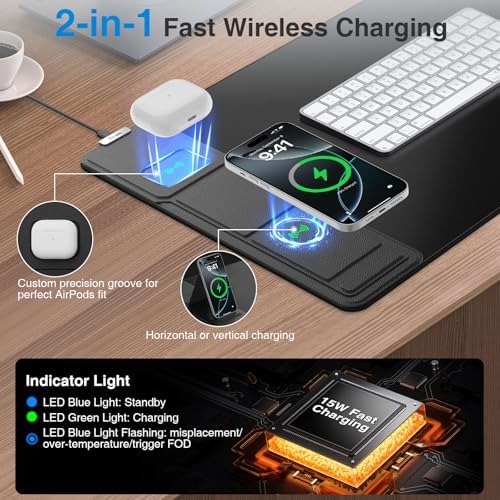 Wireless Charging Mouse Pad with Foldable Phone Holder, 31.5"x15.8", Black - Image 2