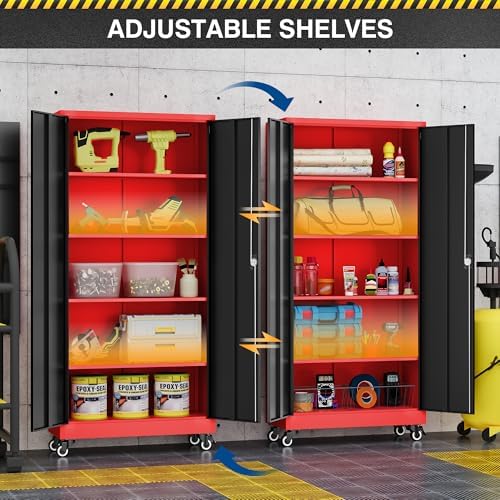 Fesbos Metal Rolling Storage Cabinet-74.6” Tall Steel File Cabinets with Wheels Lockable Doors and Adjustable Shelves-Black & Red Steel Storage Cabinet for Home, School, Office, Garage - Image 4