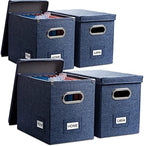PRANDOM File Organizer Box - Set of 4 Collapsible Decorative Linen Filing Storage Hanging File Folders with Lids Office Cabinet Letter Size Navy Blue (14x9.3x10.8 inch) by Prandom