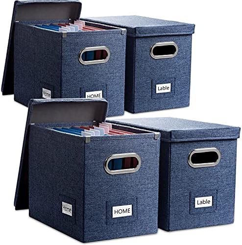 PRANDOM File Organizer Box - Set of 4 Collapsible Decorative Linen Filing Storage Hanging File Folders with Lids Office Cabinet Letter Size Navy Blue (14x9.3x10.8 inch) by Prandom