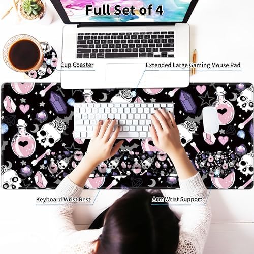 Large Gaming Mouse Pad Set 35.4 x 15.7 with Keyboard Wrist Rest, Wrist Support, and Coaster Memory Foam Smooth Desk Pad Mousepad for Home Office School - Skull Goth Magic Cute Witchy - Image 3