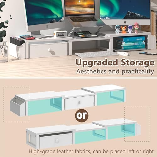 LAND·VOI Heavy Duty Dual Monitor Stand, Holds 2 Screens Up to 27 Inches, Adjustable Length and Angle Monitor Riser, Desk Organizer with Side Pockets and Drawers, Home Office Desk Storage, White - Image 3