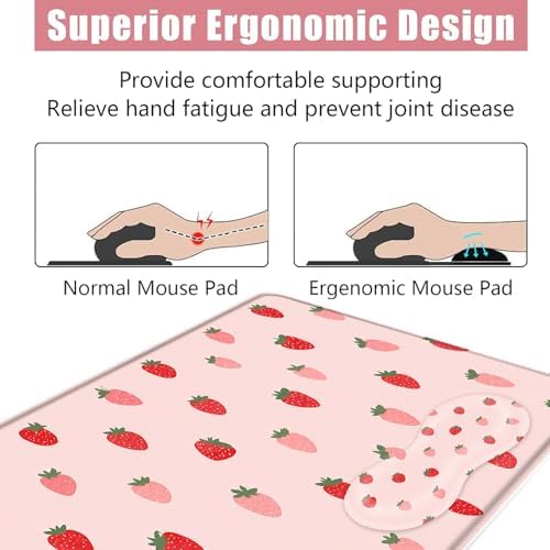 Large Keyboard Mouse Pad Set, Extended Mouse Pad+Keyboard Wrist Rest Support, Memory Foam Ergonomic Easy Typing, 4Pcs (31.5×11.8 in) Desk Pad Set for Office Home,Cute Strawberry Pattern - Image 5