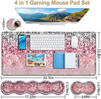 Pink Mouse Pad,Keyboard Mouse Pad Set,Extended Gaming Mouse Pad + Memory Foam Keyboard Wrist Rest Support, Pink Glitter Office Desk Mat Writing Pad Easy Typing Pain Relief,XXL Large Mousepad Desk Mat - Image 3