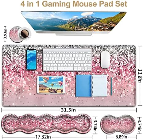 Pink Mouse Pad,Keyboard Mouse Pad Set,Extended Gaming Mouse Pad + Memory Foam Keyboard Wrist Rest Support, Pink Glitter Office Desk Mat Writing Pad Easy Typing Pain Relief,XXL Large Mousepad Desk Mat - Image 3