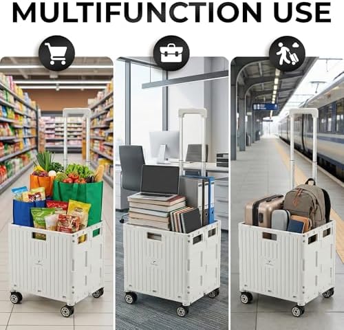 White Rolling Cart for Teachers – Collapsible Cart with Wheels, Foldable Utility and Grocery Cart, Office, Travel, Tool Box, and Move Luggage - Image 3