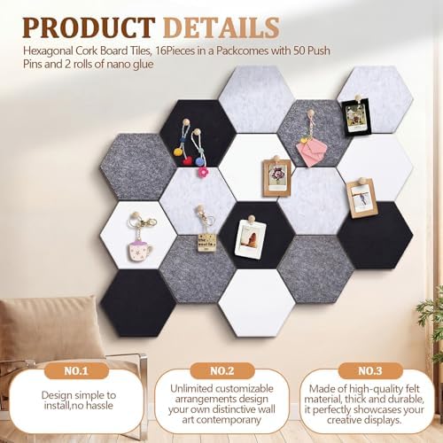 12x10 in 16 Pcs Hexagon Cork Board Tiles, Felt Pin Boards, Grey - Image 3