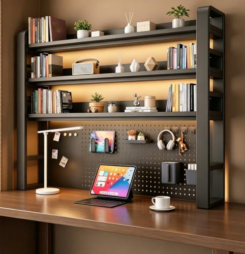 Desk Shelf Organizer with Pegboard & Storage Accessories, 2-Tier Desk Hutch Desktop Storage Rack, Desk Shelf for Office and Home Office Black Frame/Black Board (4-Tier) 61"×9.8"×48.5" by Unknown