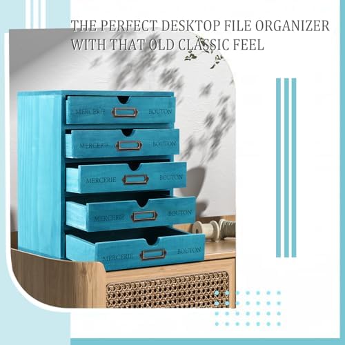 Wesiti Wooden Desk Organizer, 5 Drawers, Vintage Makeup Cabinet, Blue - Image 4