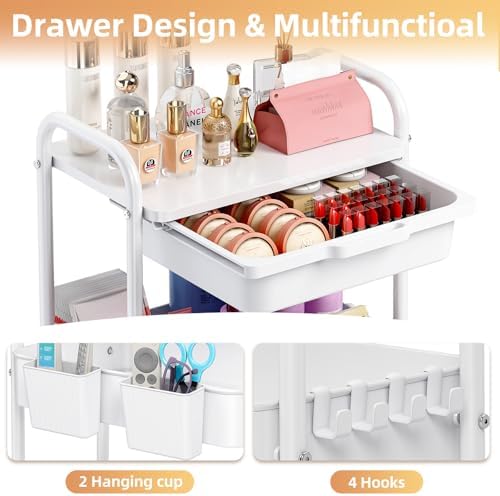 KINGRACK 3 Tier Metal Rolling Cart with Drawer, White Utility Storage Cart - Image 5