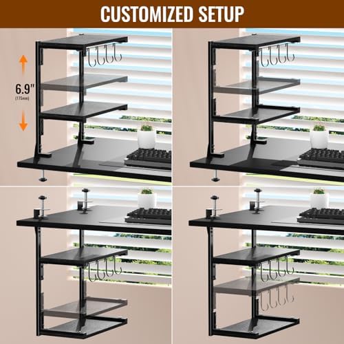 Clamp-on Desk Shelf, 13 inch Above or Below Desk 2-Tier Shelving, Adjustable Metal Storage Tray for Gaming Devices or Office Desk Accessories and More, Black, Patent Pending - Image 4