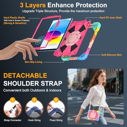Case for iPad (A16) 11th/10th Generation 11/10.9 Inch 2025/2022, Ubearkk for iPad a16 case with Screen Protector, 360 Degree Rotating Stand Shoulder Strap Pencil Holder,Colorful Pink - Image 2