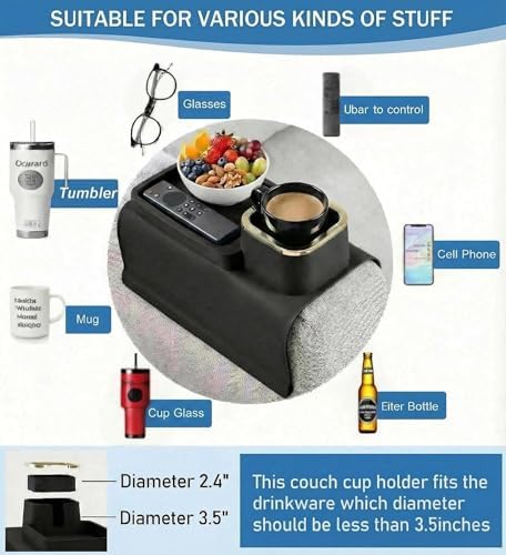 Luxury Gold Trim Couch Cup Holder Tray - Weighted Anti-Spill Midnight Black Silicone Sofa Armrest Organizer, Non-Slip Recliner Tray Table for Drinks, Remote, Phone - Fits Most Couch Arms - Image 2