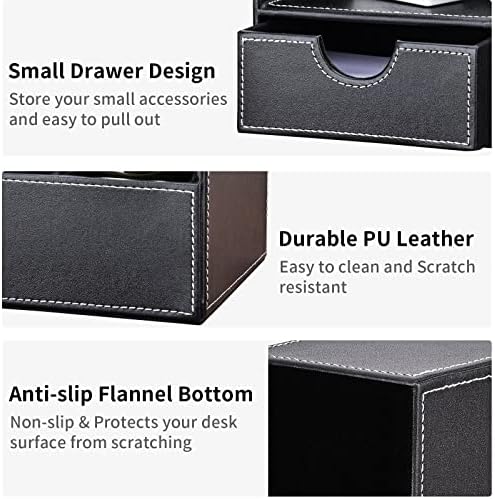 KINGFOM Pu Leather Desk Organizer Pen Pencil Holder Office Supplies Caddy Storage Box 6 Compartments with Drawer Black - Image 3