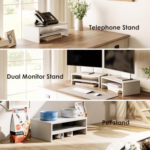 FITUEYES Wooden Monitor Stand Riser, 2-Tier Desk Storage Shelf, White - Image 5