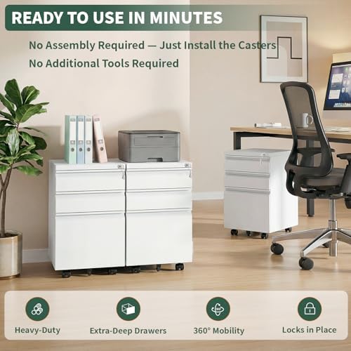 3 Drawer White File Cabinet with Lock, Rolling Under Desk Cabinet - Image 3