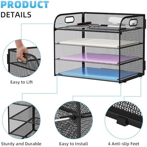 Marbrasse 2 Pack 4 Tier Paper Organizer Letter Tray - Mesh Desk File Organizer with Handle, Paper Sorter Organizer for Letter/A4 Office File Folder Holder (Black, 12.6" x 9.1" x 10.7") - Image 4
